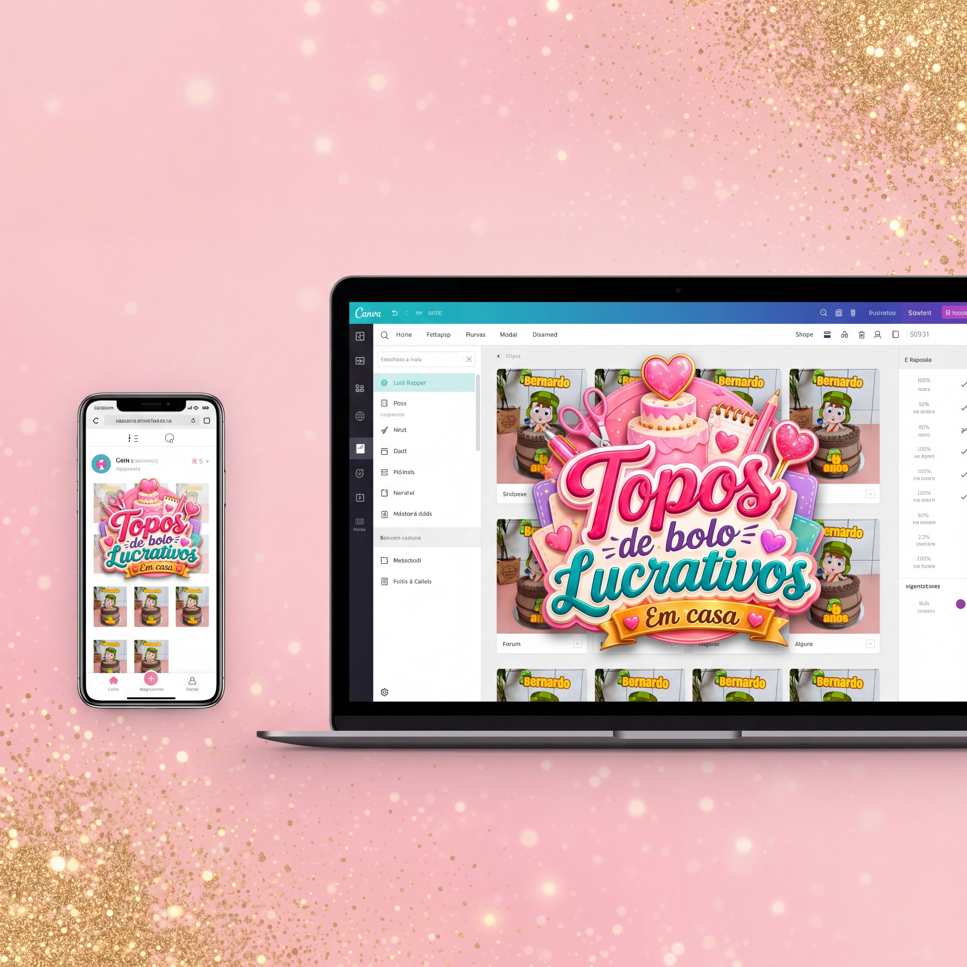 Mockup do pack de topos de bolo no celular e notebook